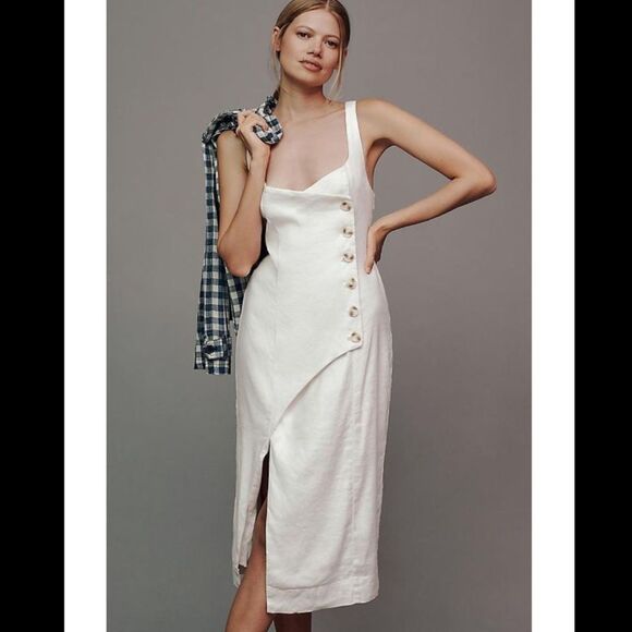 By Anthropologie Sleeveless Square-Neck Linen Button Wrap Midi Dress - Picture 4 of 7